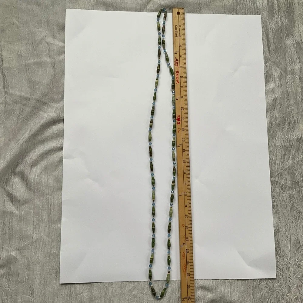 Handmade Paper Bead Necklace Green Blue Long Boho Indie Spindle Bead Strand 53in
